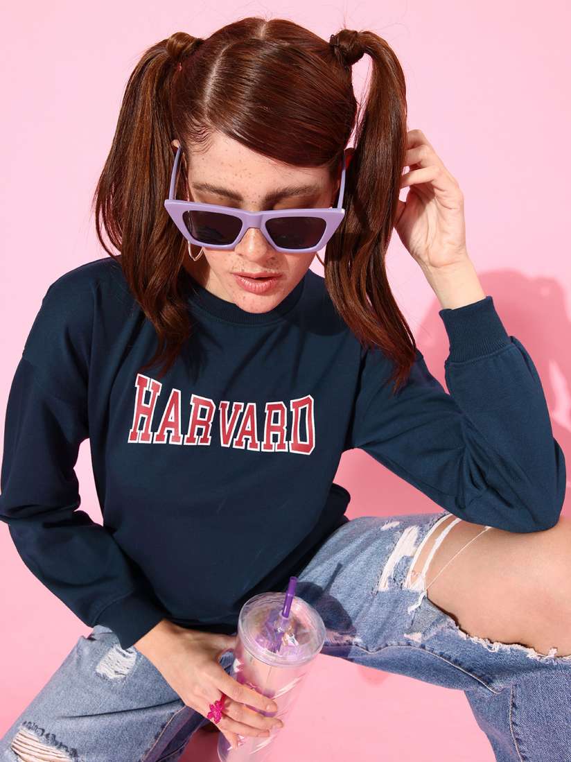 Buy Harvard Women Elegant Navy Blue Printed Whipped for Varsity Sweatshirt Sweatshirts for Women 18111168 Myntra