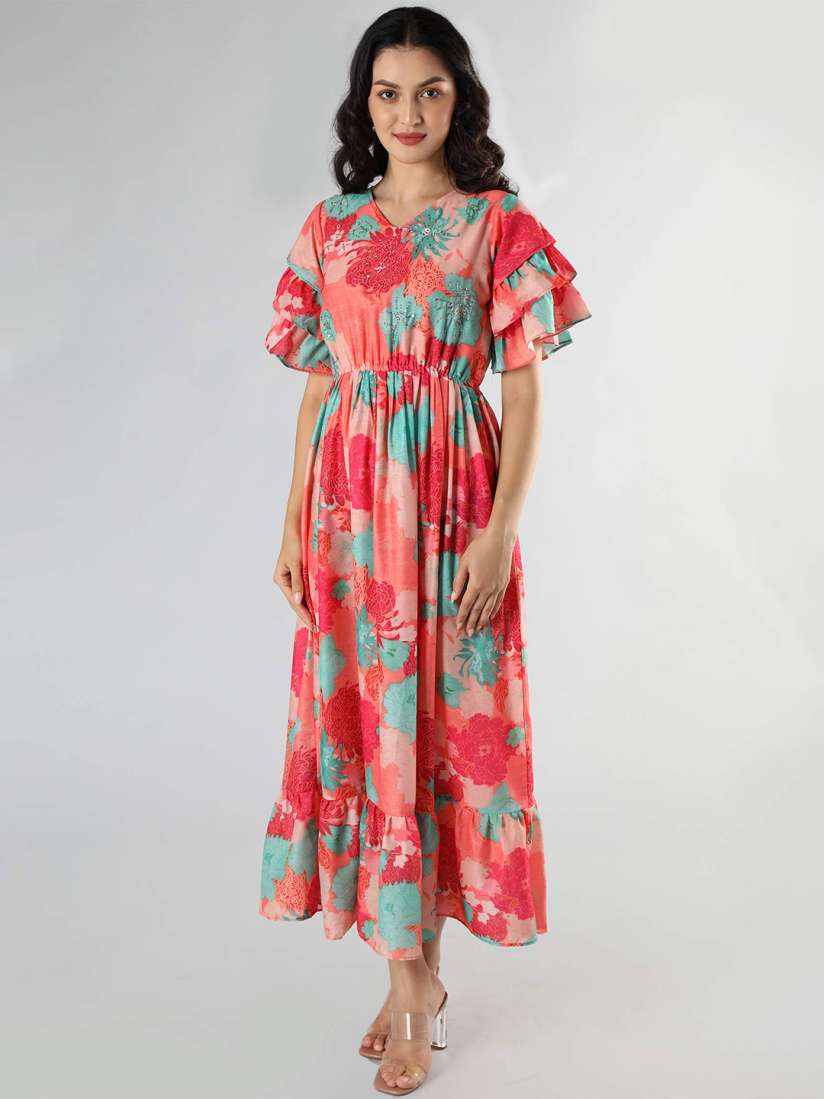 Buy taruni Peach Coloured Blue Floral Printed V Neck Flared Sleeves Modal Kurti Kurtis for Women 18114040 Myntra