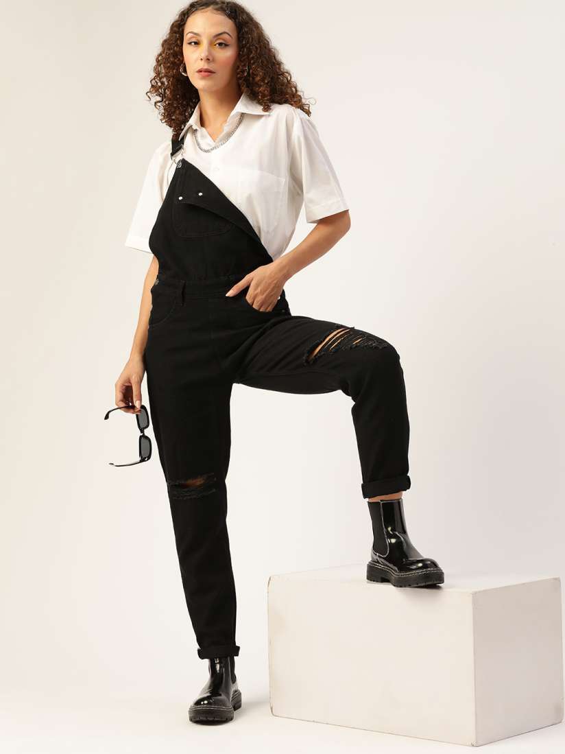 Buy Kook N Keech Women Black Ripped Pure Cotton Straight Leg Denim Dungarees Dungarees for Women 18119056 Myntra