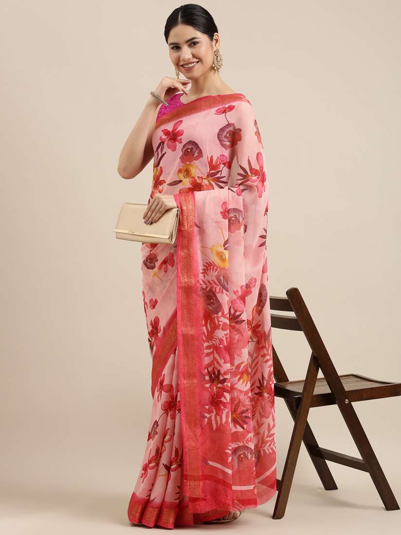 Buy PERFECTBLUE Pink Yellow Floral Printed Saree Sarees for Women 18122474 Myntra