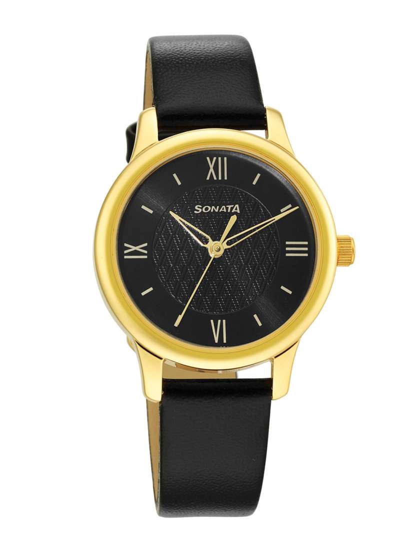 Buy Sonata Women Gold Toned Brass Dial Black Leather Straps Analogue Watch Watches for Women 18128408 Myntra