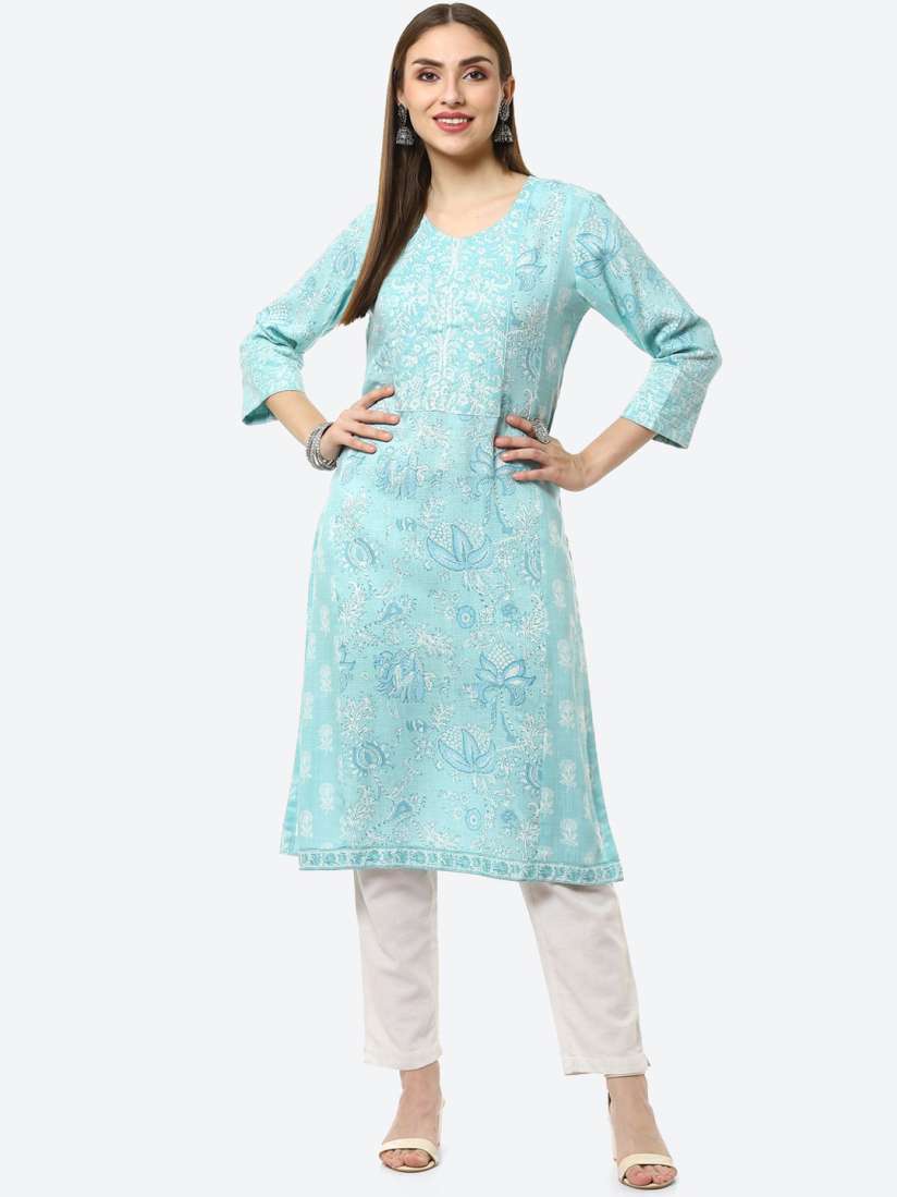 Buy Biba Women Turquoise Blue White Floral Printed Chikankari Kurta Kurtas for Women 18129794 Myntra