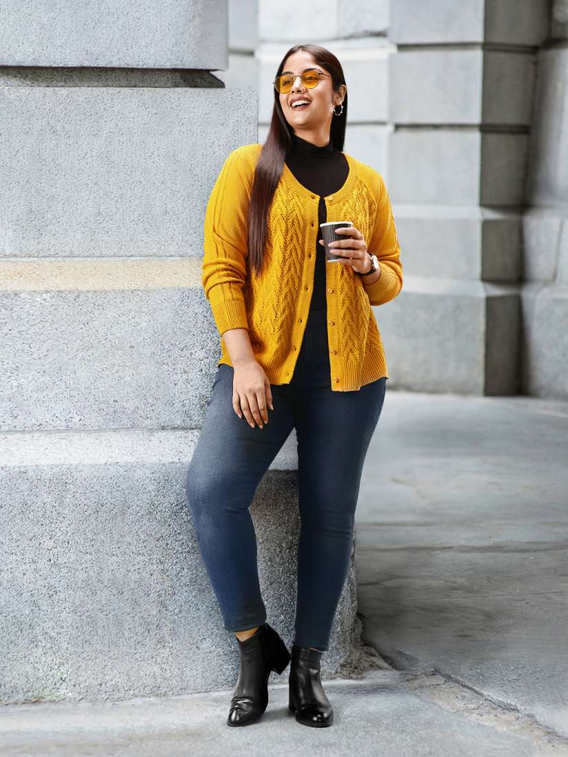 Buy Sztori Women Plus Size Mustard Yellow Self Design Longline Cardigan Sweaters for Women 18132000 Myntra