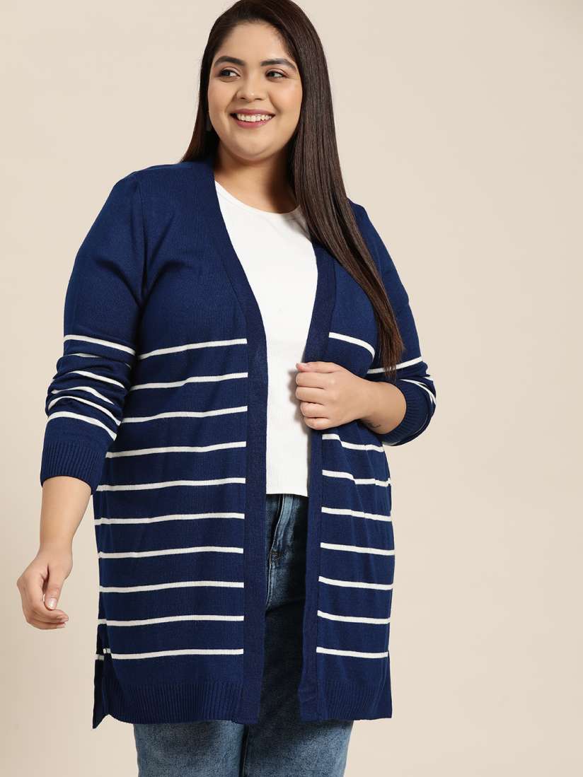 Buy Sztori Women Plus Size Navy Blue White Striped Longline Front Open Sweater Sweaters for Women 18132310 Myntra