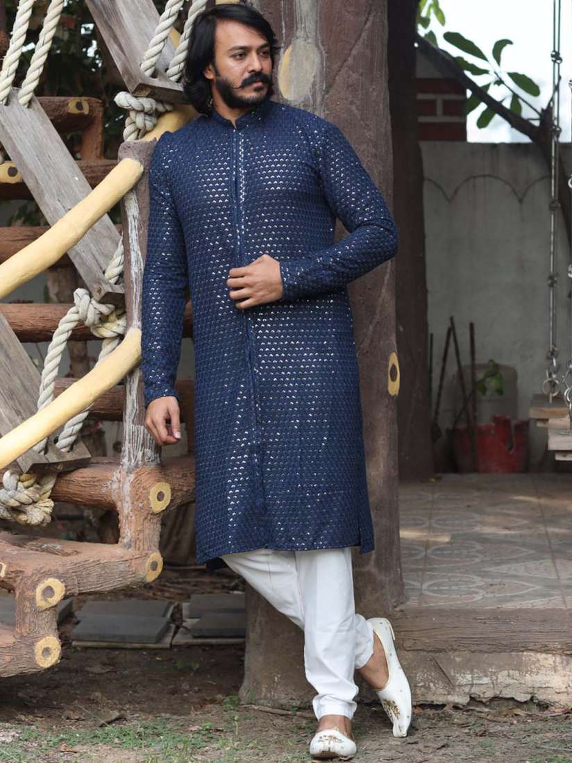 Buy amzira Men Navy Blue Ethnic Motifs Embroidered Sequinned Kurta With Trousers Kurta Sets for Men 18165522 Myntra