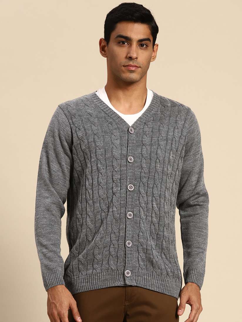 Men's grey cable knit cardigan on sale