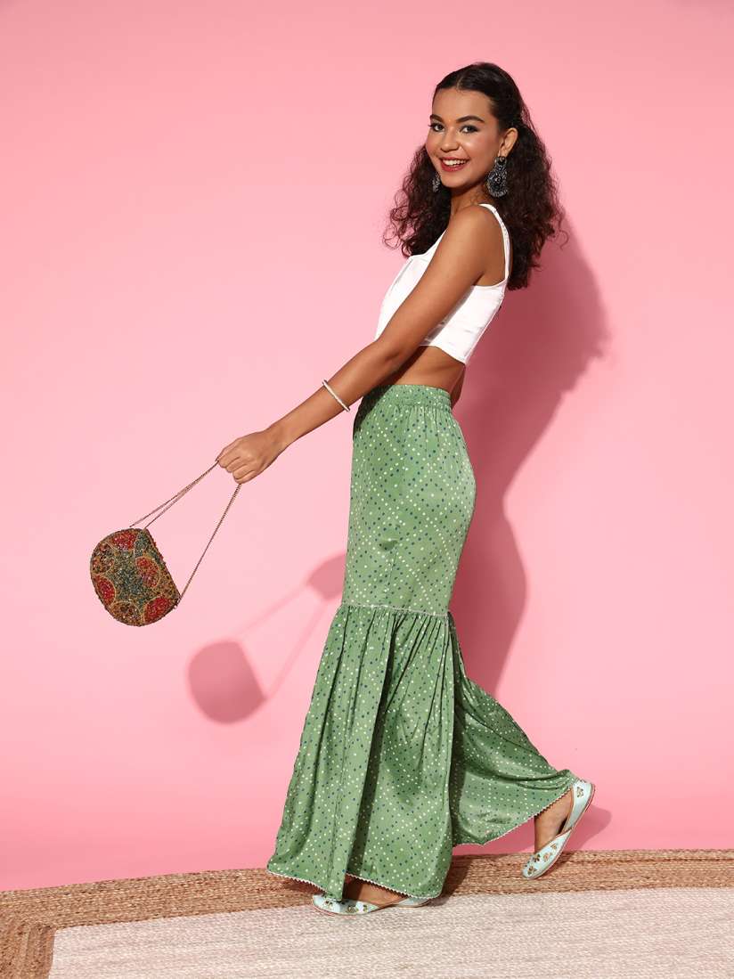 Buy Shae by SASSAFRAS Women Green Printed Comfort High Rise Frilly Sharara Trousers for Women 18173518 Myntra