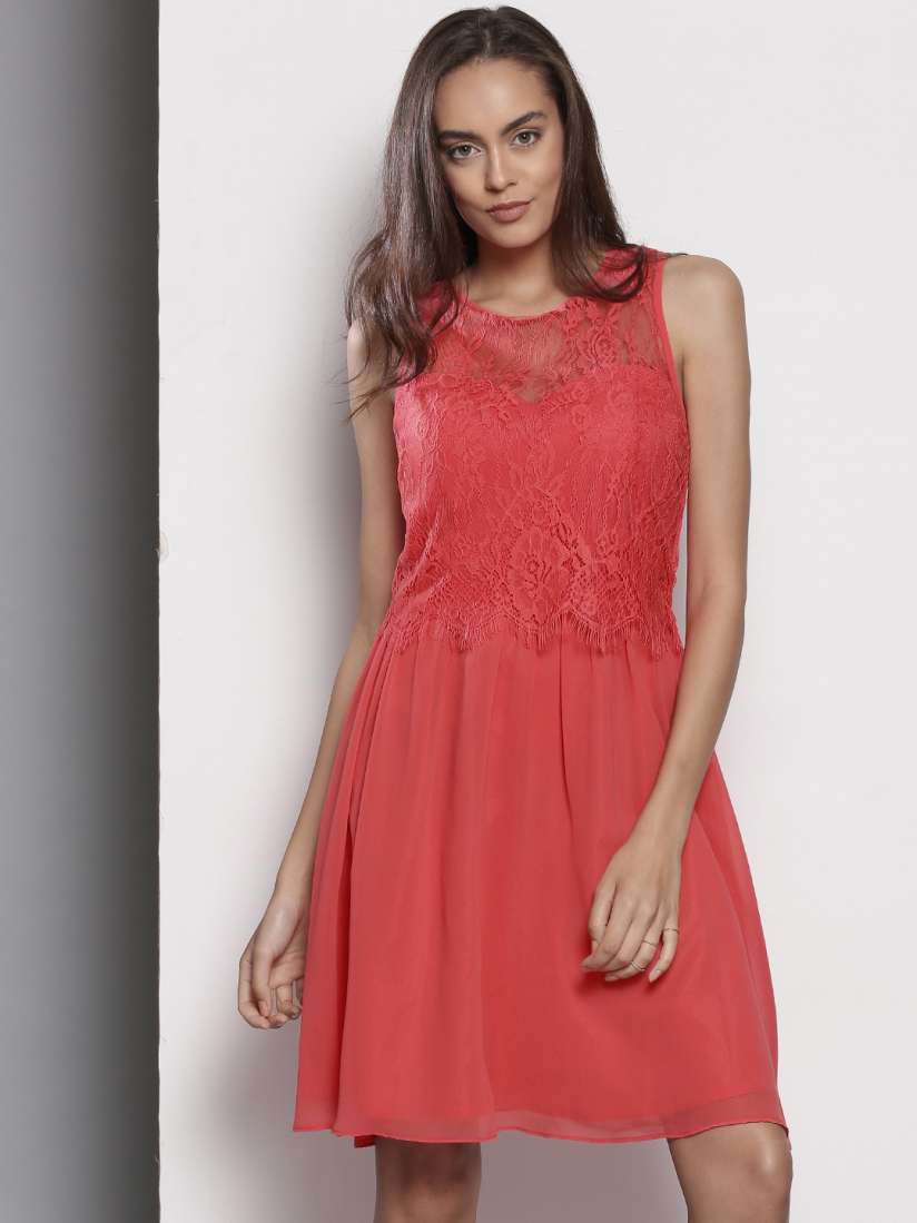 Buy DOROTHY PERKINS Coral Red Self Design Fit and Flare Dress Dresses for Women 1818040 Myntra