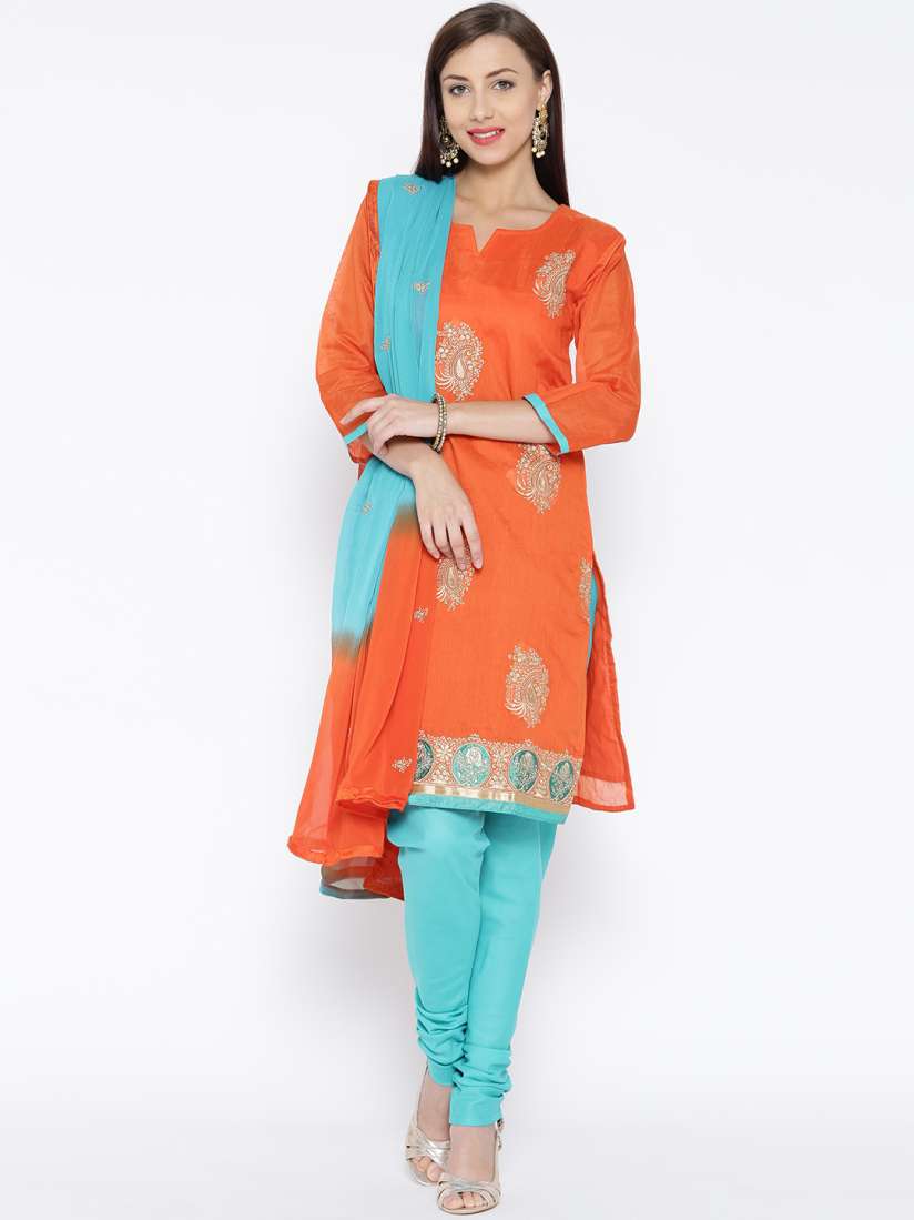 Buy Akhilam Orange Blue Embroidered Cotton Unstitched Dress Material Dress Material for Women 1819536 Myntra