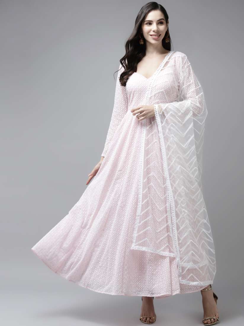 Buy PANIT Pink White Ethnic Motifs Embroidered Georgette Ethnic Maxi Dress With Dupatta Ethnic Dresses for Women 18228070 Myntra