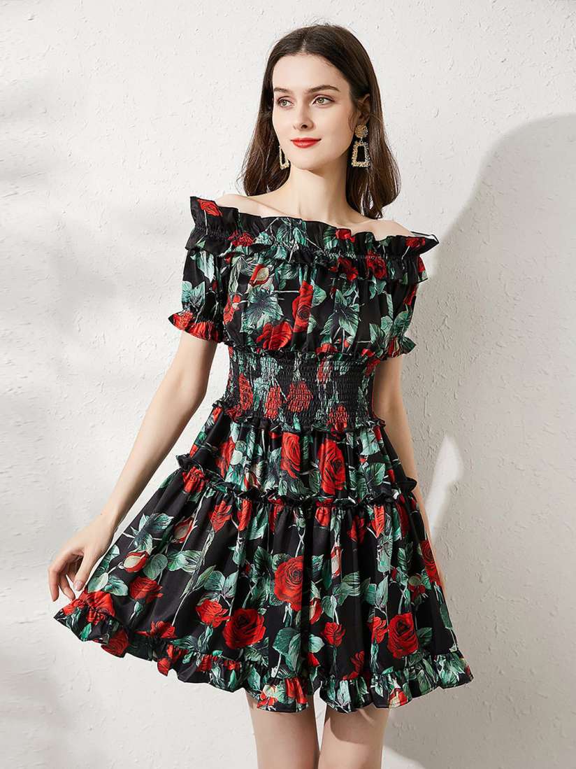 Buy JC Collection Black Floral Printed Off Shoulder Smocked Dress Dresses for Women 18228688 Myntra