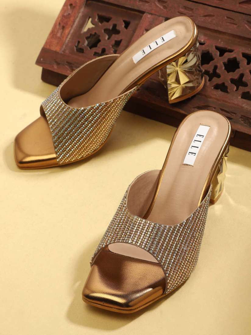 Gold embellished block heels sales