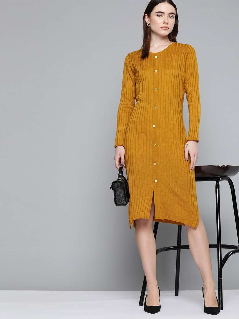 Buy Chemistry Mustard Yellow Ribbed Sheath Midi Sweater Dress With