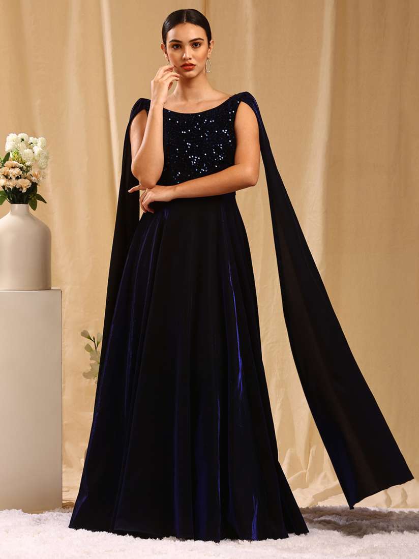 Buy TRENDY DIVVA Blue Embellished Maxi Velvet Gown Dress Dresses for Women 18234562 Myntra