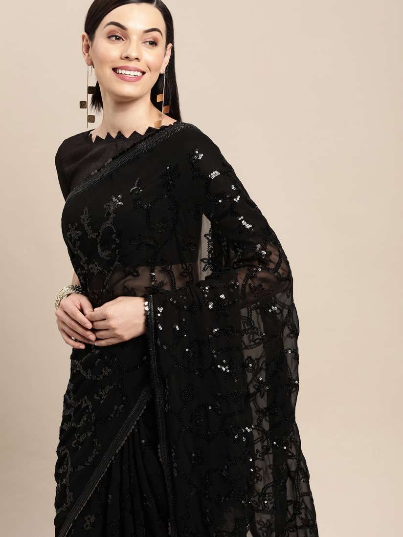 Buy VAIRAGEE Black Ethnic Motifs Sequinned Georgette Heavy Work Saree Sarees for Women 18239752 Myntra