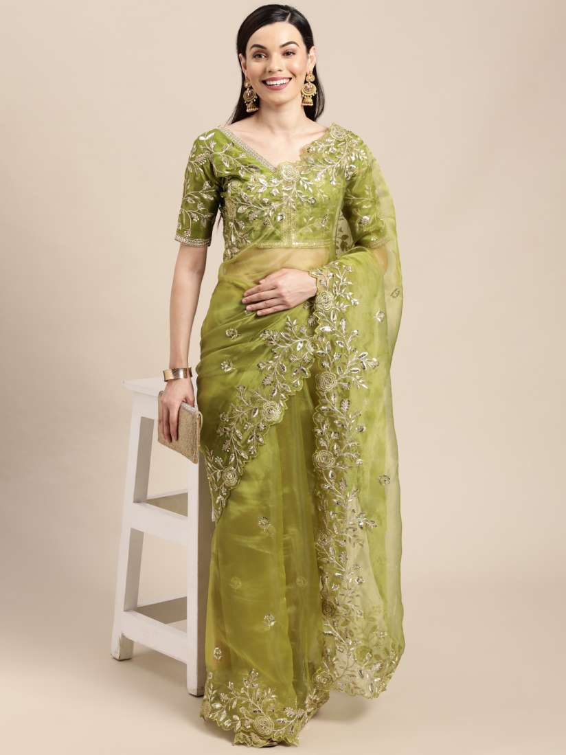 Buy VAIRAGEE Green Gold Floral Sequinned Organza Saree Sarees for Women 18239848 Myntra