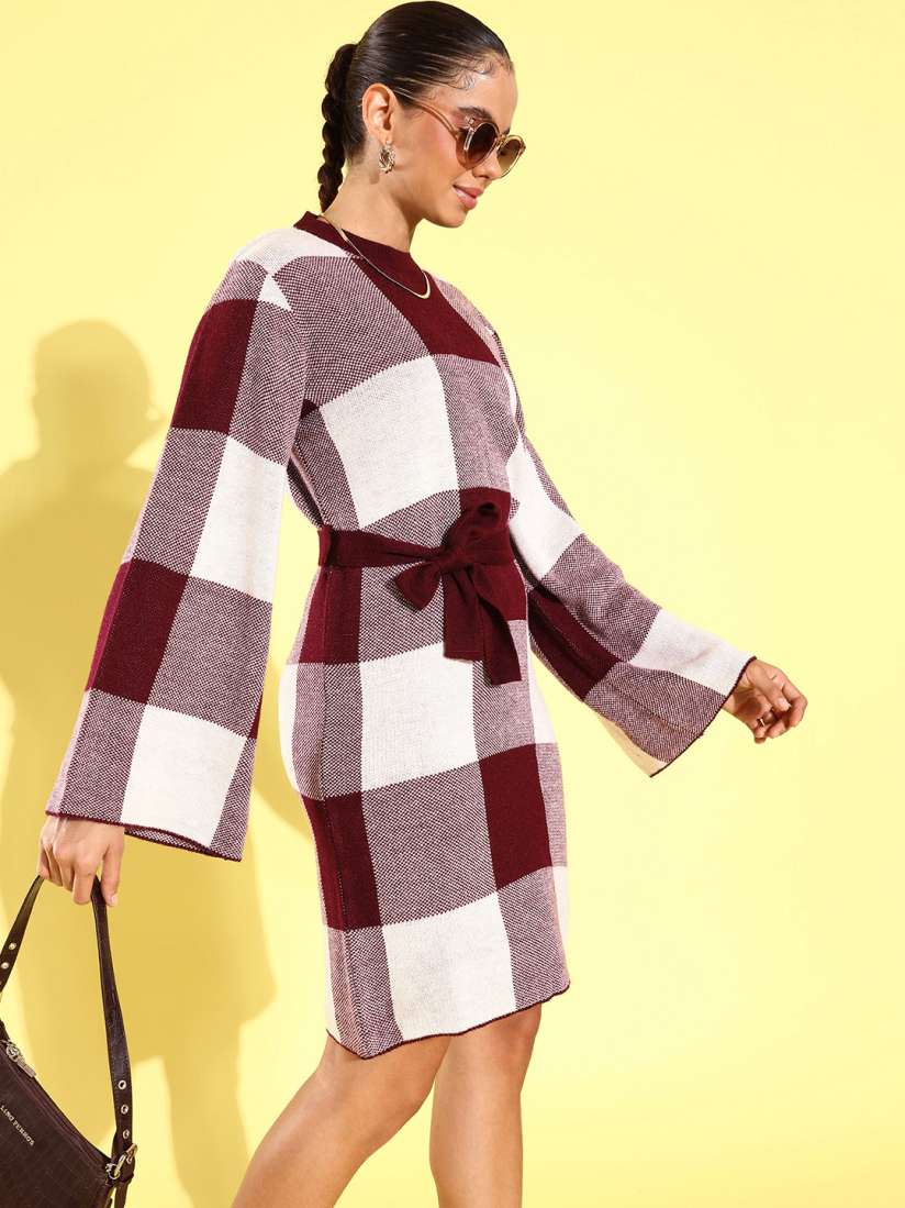 Buy Roadster Maroon White Acrylic Checked Jumper Dress with Belt Dresses for Women 18240160 Myntra