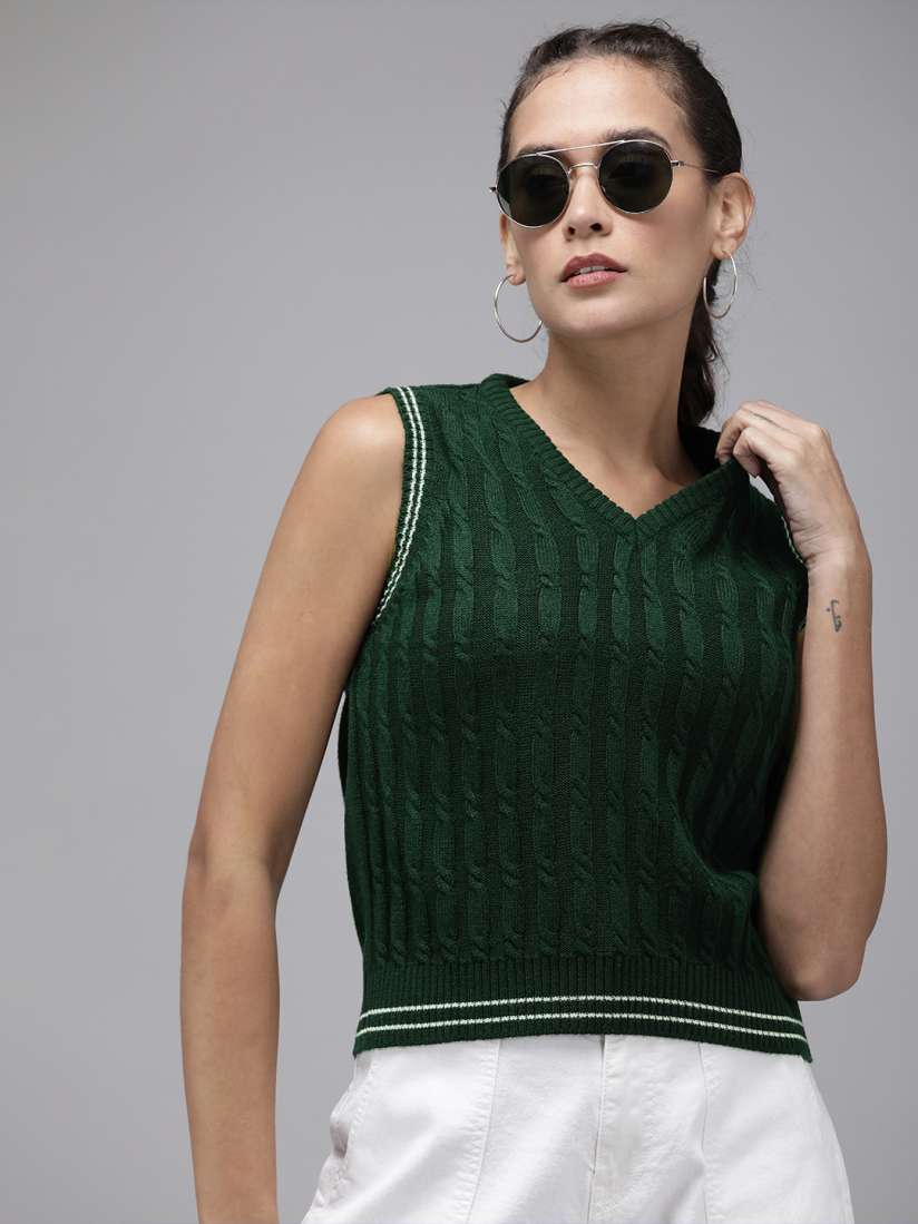 Buy The Roadster Lifestyle Co. Acrylic V Neck Self Design Cable Knit Sleeveless Sweater Vest Sweaters for Women 18241330 Myntra