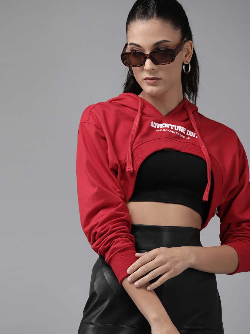 Buy Roadster Women Red Typography Printed Hooded Super Cropped Sweatshirt Sweatshirts for Women 18242068 Myntra