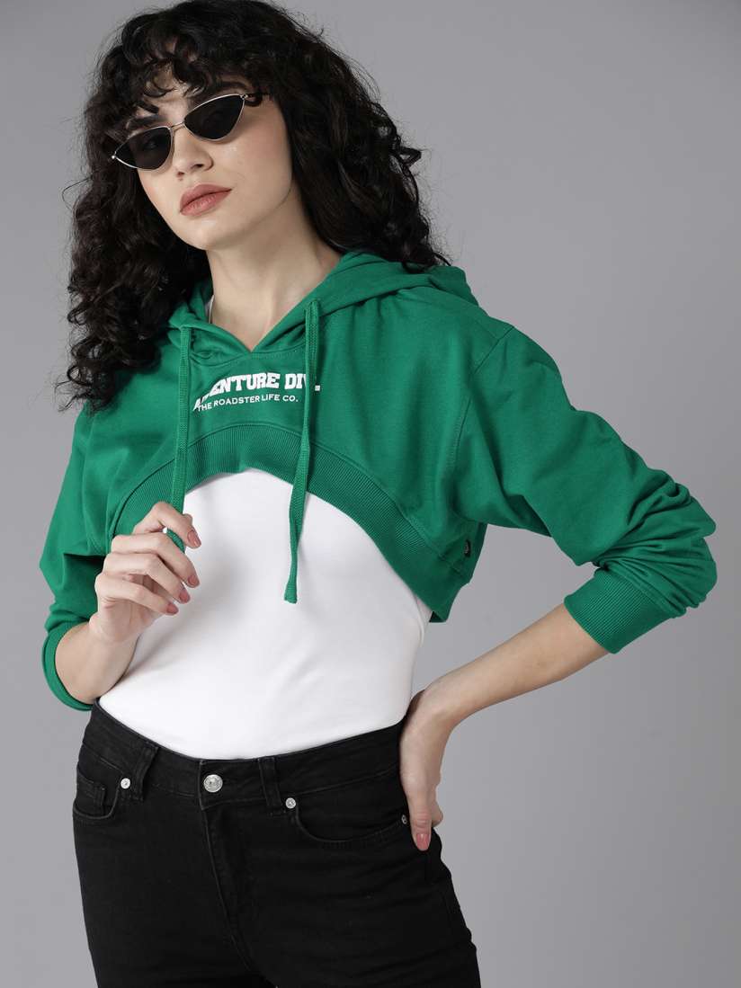 Buy Roadster Women Green Typography Printed Hooded Crop Sweatshirt Sweatshirts for Women 18242238 Myntra