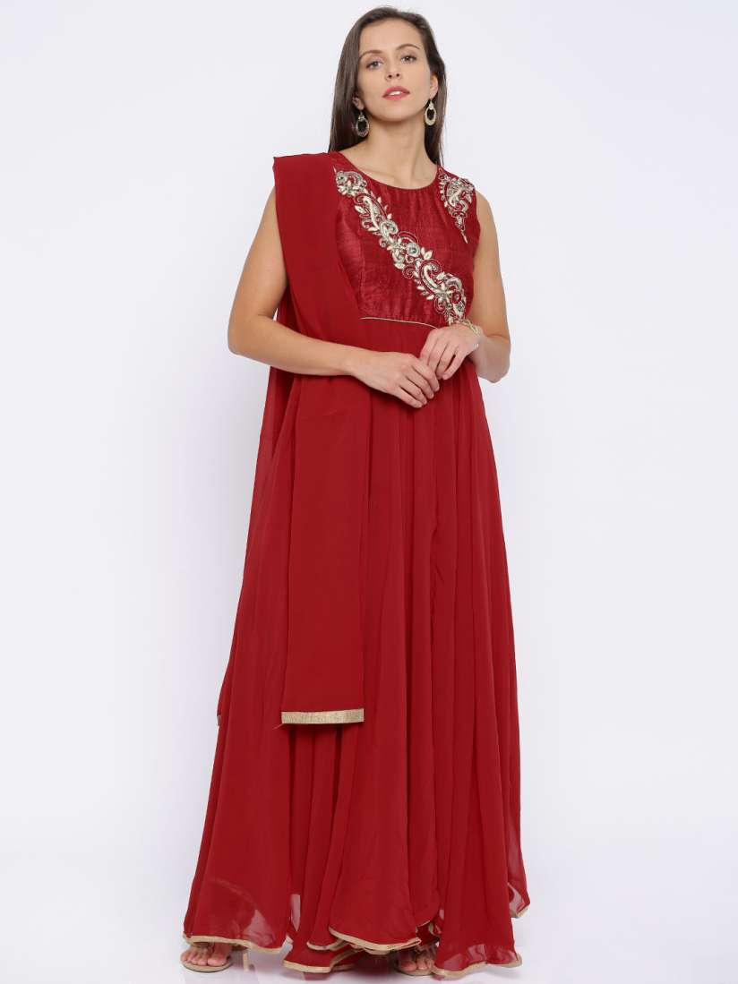 Buy The Chennai Silks Women Red Yoke Design Anarkali Kurta with Churidar Dupatta Kurta Sets for Women 1825394 Myntra