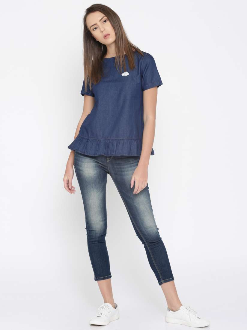 Buy Mast Harbour Women Blue Solid Denim Pure Cotton Top Tops for Women 1825549 Myntra