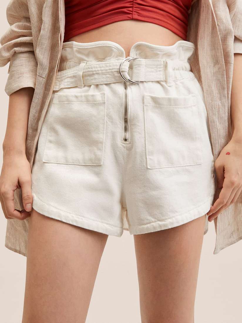 Buy MANGO Women Off White Solid High-Rise Denim Shorts Shorts
