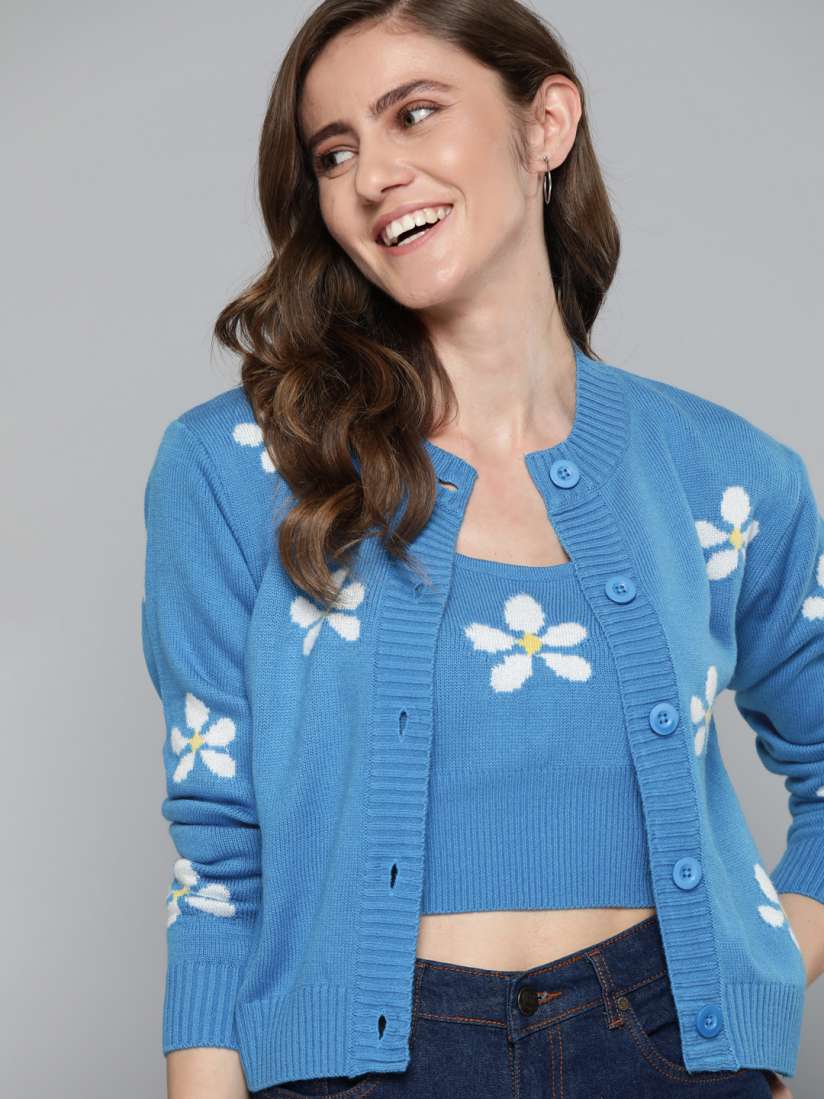 Buy Mast & Harbour Women Blue & White Floral Printed Cardigan with Cami  Crop Winter Top - Sweaters for Women 18259946 | Myntra