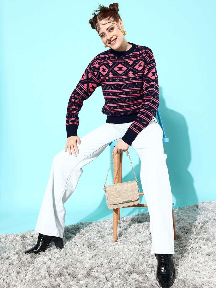 Buy Mast Harbour Women Navy Blue Pink Fair Isle Printed Pullover Sweaters for Women 18259962 Myntra