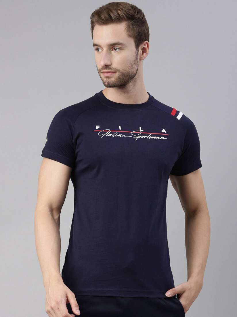 Buy FILA Men Blue Typography Printed Organic Cotton Training or Gym T shirt Tshirts for Men 18266614 Myntra