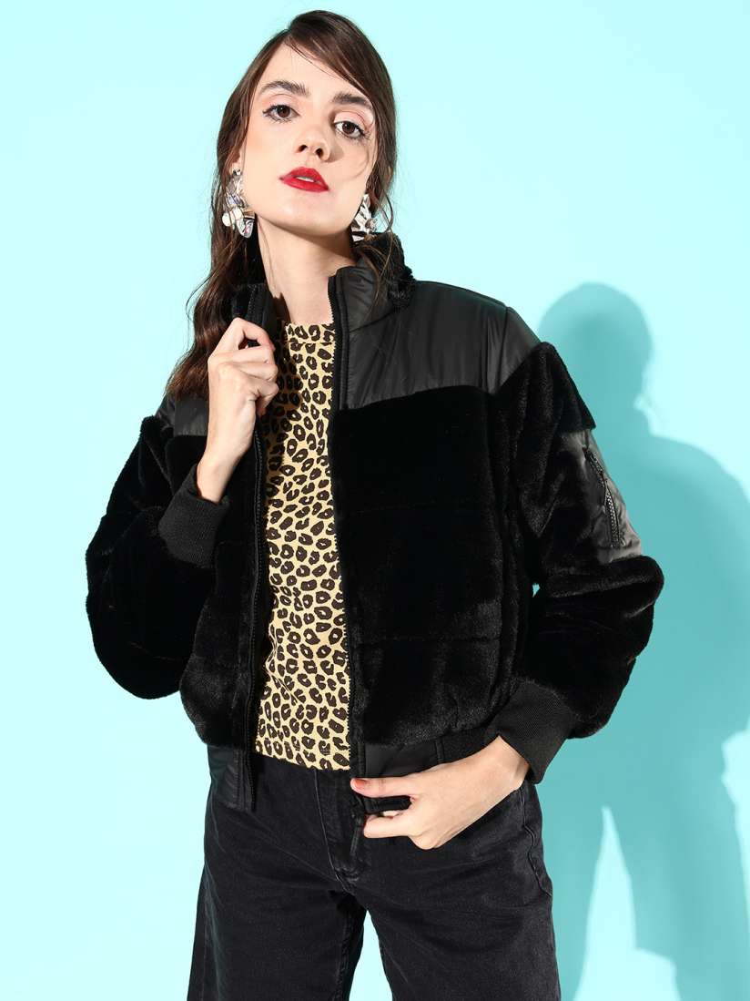 Buy Roadster Women Black Solid Fur Bomber Jacket Jackets for Women 18269912 Myntra