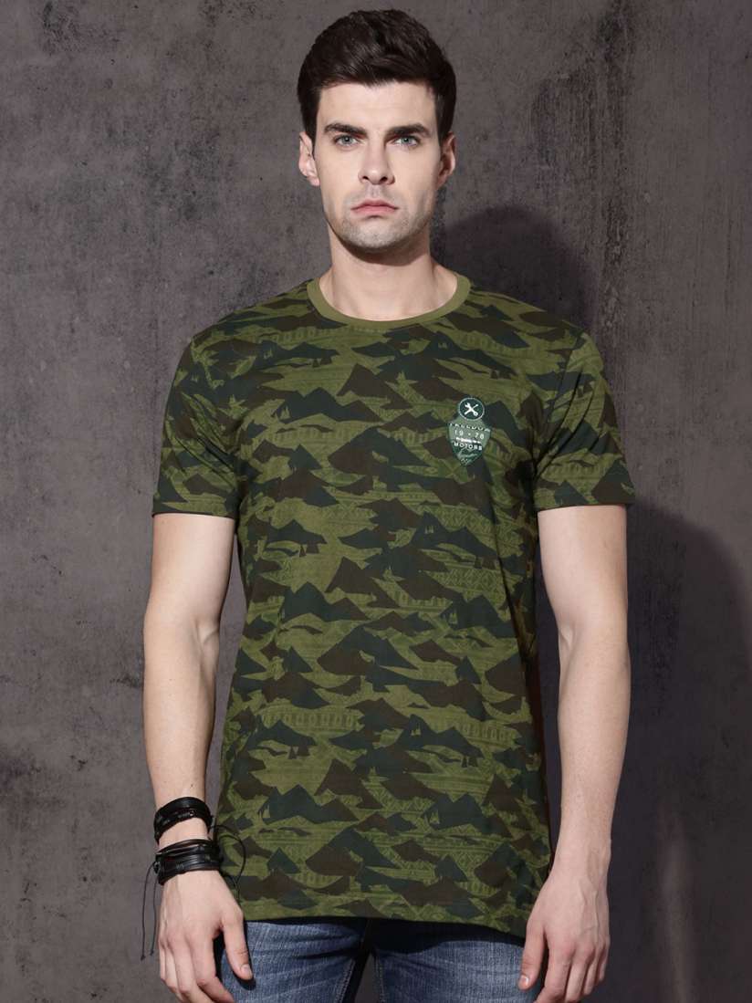 Buy Roadster Men Olive Green Camouflage Print Round Neck T shirt Tshirts for Men 1827402 Myntra
