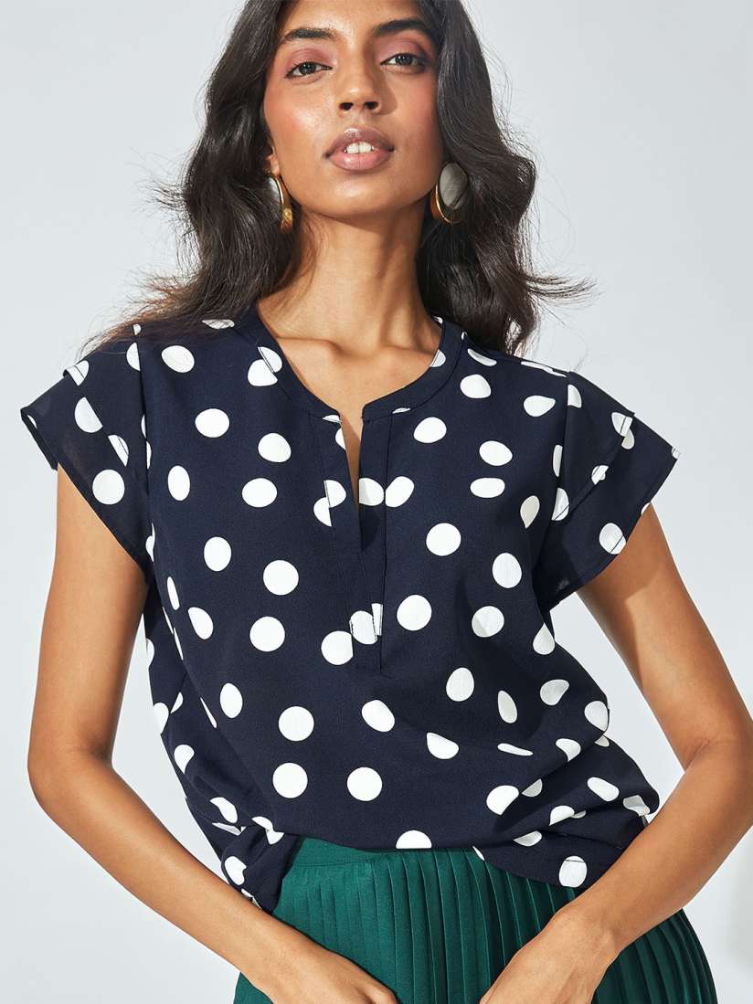 Buy The Label Life Navy Blue White Polka Dots Print Slit Neck Shirt Style Top Tops for Women 18297300 Myntra