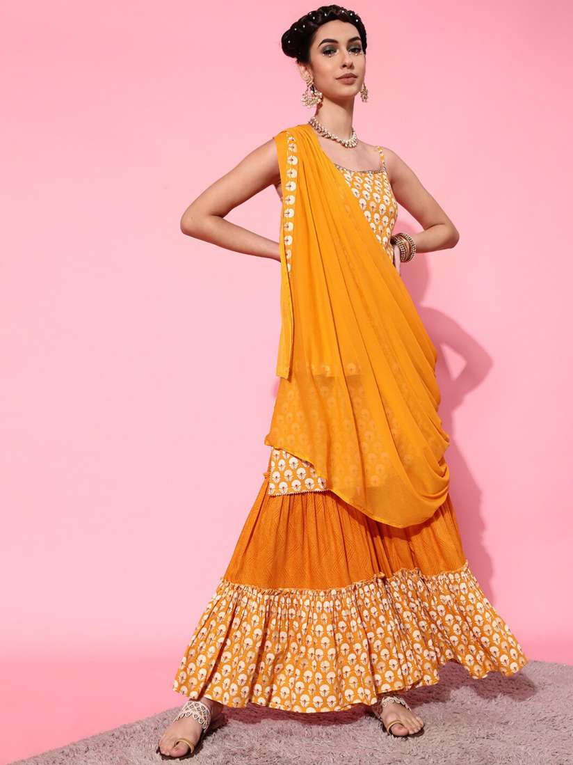 Buy STREET 9 Women Mustard Yellow Embroidered Panelled Kurti with Skirt With Dupatta Kurta Sets for Women 18309034 Myntra