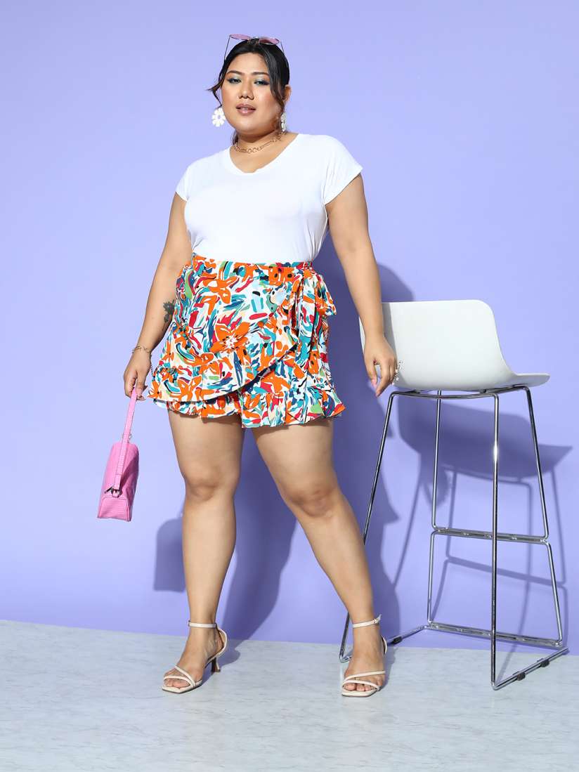 Buy Berrylush Curve Plus Size Women Floral Print Ruffle Detail Wrap Skorts with Belted Detail Skirts for Women 18327302 Myntra