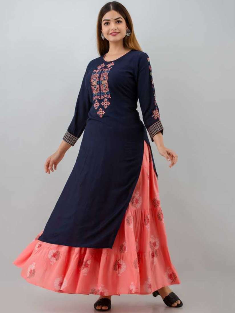 Buy ROOPWATI FASHION Women Navy Blue Embroidered Panelled Thread Work Kurti with Skirt With Dupatta Kurta Sets for Women 18330130 Myntra