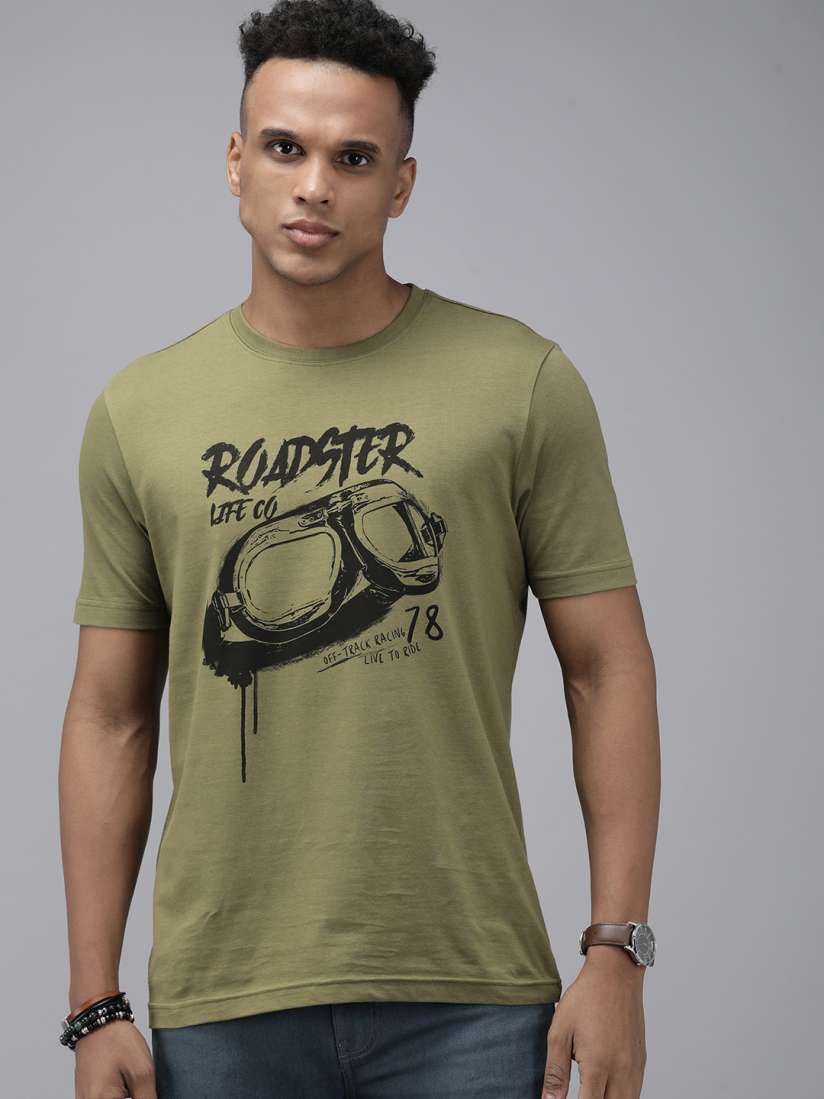 Buy Roadster Men Olive Green Black Brand Logo Printed Pure Cotton T shirt Tshirts for Men 18346764 Myntra