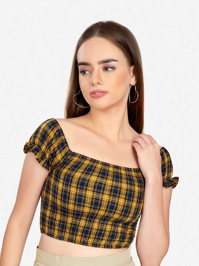 Buy VASTRADO Yellow Navy Blue Checked Pure Cotton Smocked Crop Top Tops for Women 18360886 Myntra