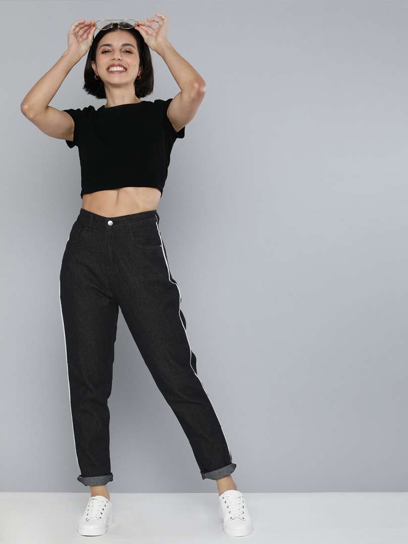 Buy Mast Harbour Women Black Boyfriend Fit Stretchable Jeans With Side Stripe Jeans for Women 18361768 Myntra