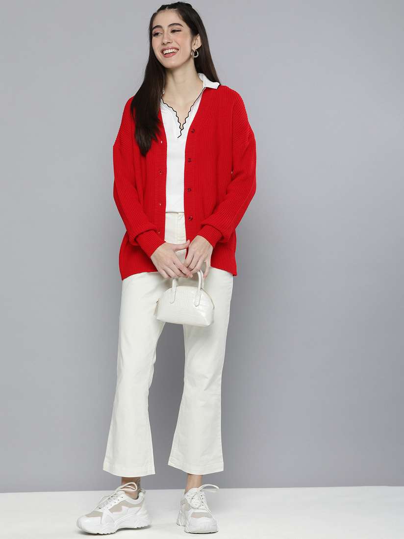 Red Myntra Online Shopping For Women's Sweaters Knit Cardigan