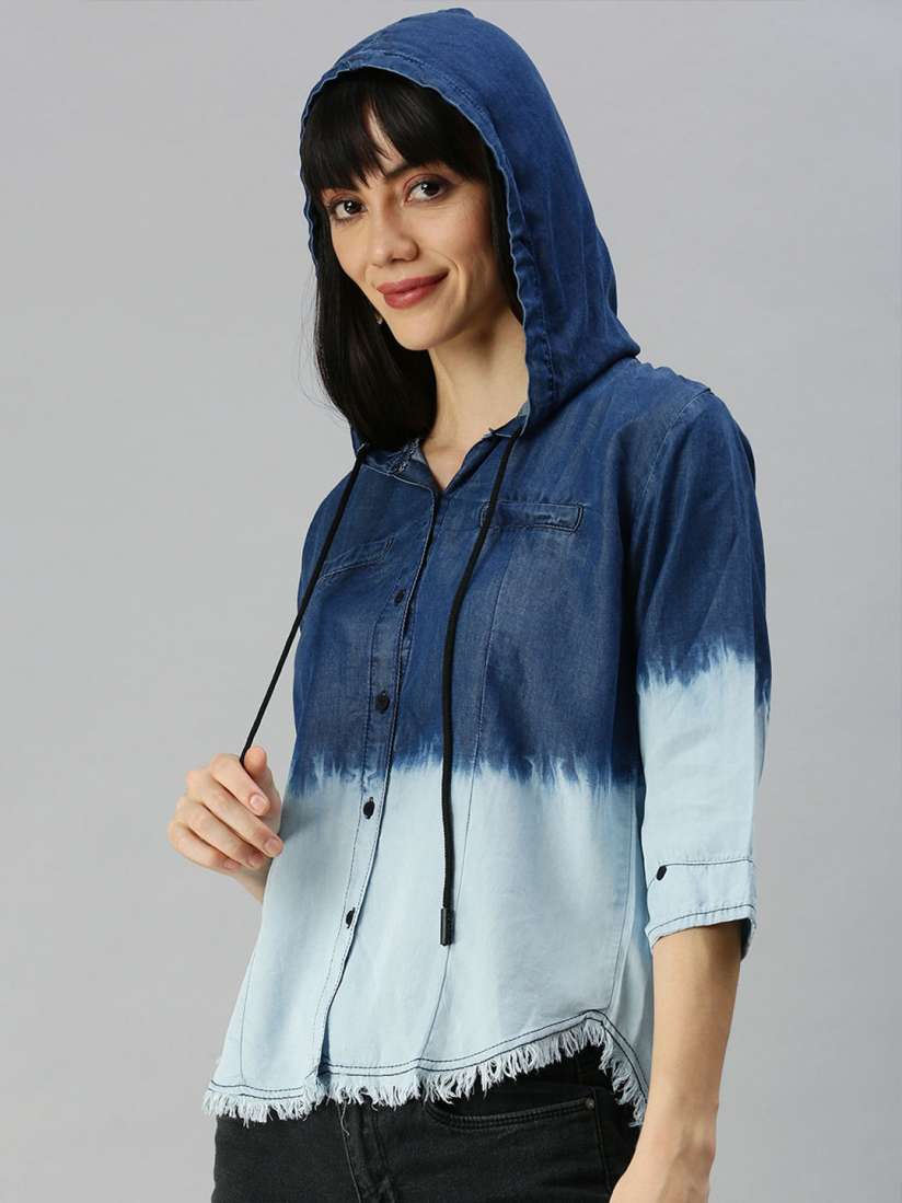 Buy SHOWOFF Women Blue Relaxed Faded Regular Fit Ombre Hooded Casual Shirt Shirts for Women 18375882 Myntra
