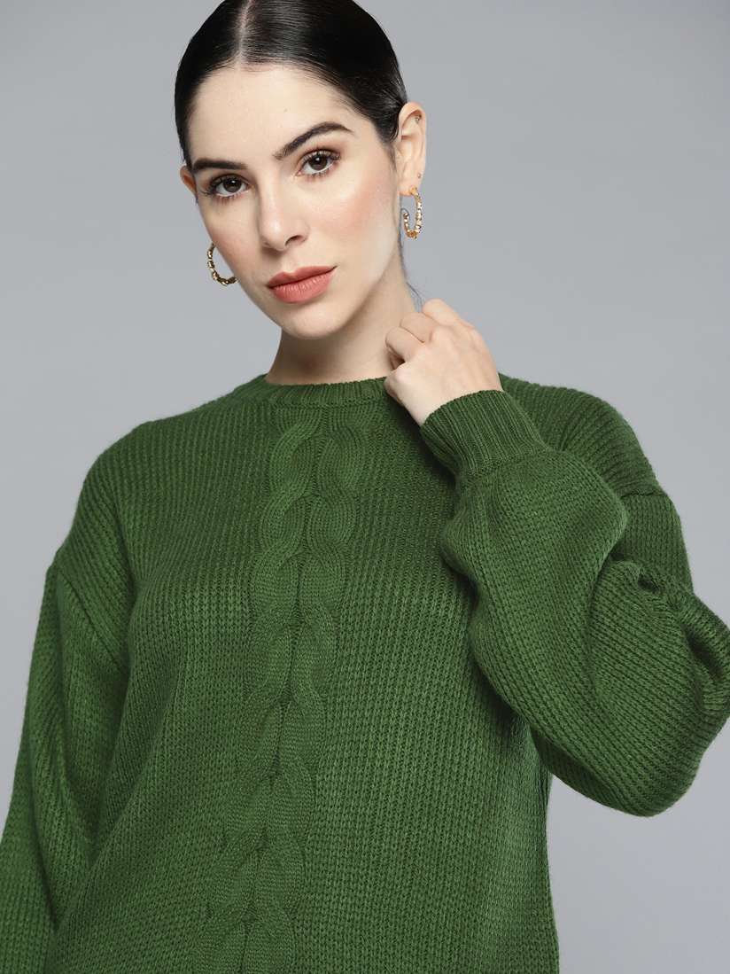 Olive green cable knit sweater on sale