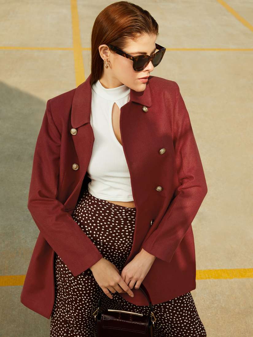 Buy Chemistry Women Maroon Solid Double Breasted Peacoat Coats for Women 18383476 Myntra