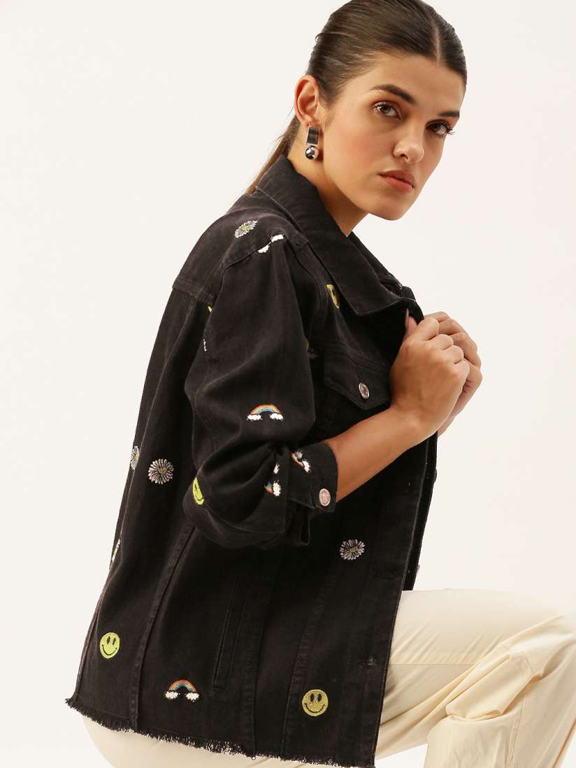 Buy FOREVER 21 Women Black Floral Printed Pure Cotton Denim Jacket Jackets for Women 18409838 Myntra