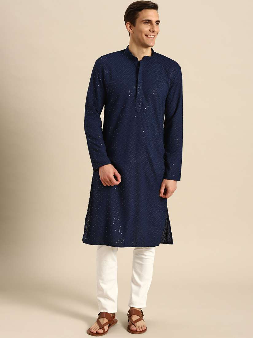 Buy RAJUBHAI HARGOVINDAS Men Navy Blue Sequinned Chikankari Kurta Kurtas for Men 18415434 Myntra