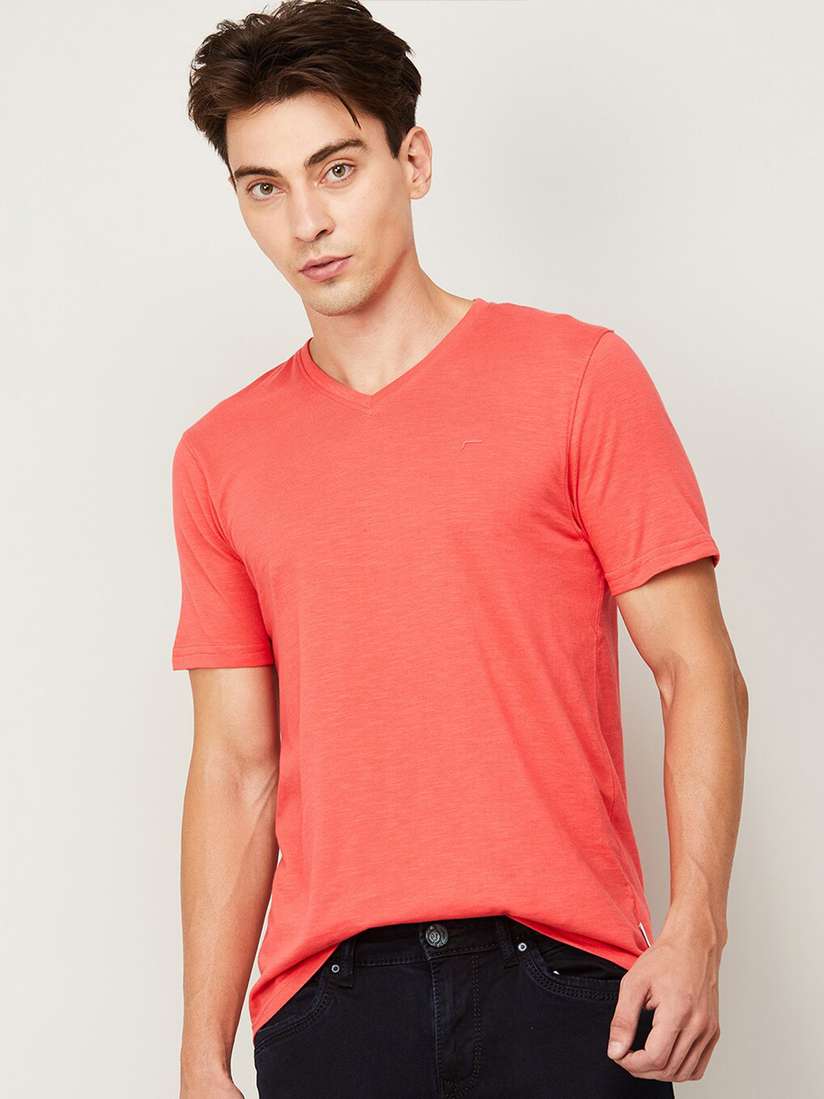 Buy Fame Forever by Lifestyle Men Coral V-Neck T-shirt Tshirts