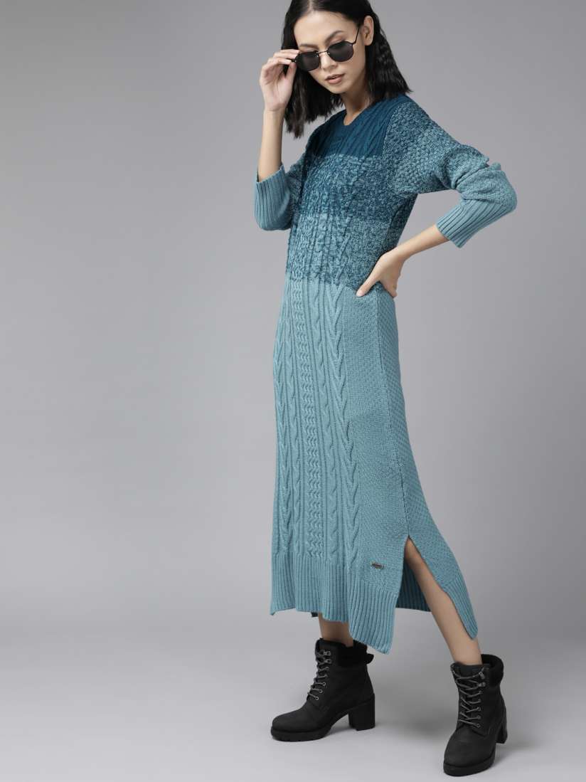 Buy The Roadster Lifestyle Co. Teal Blue Acrylic Abstract Knitted Maxi Jumper Dress Dresses for Women 18429548 Myntra