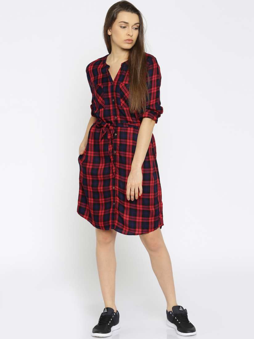 Buy ONLY Women Red Navy Checked Shirt Dress Dresses for Women 1844718 Myntra