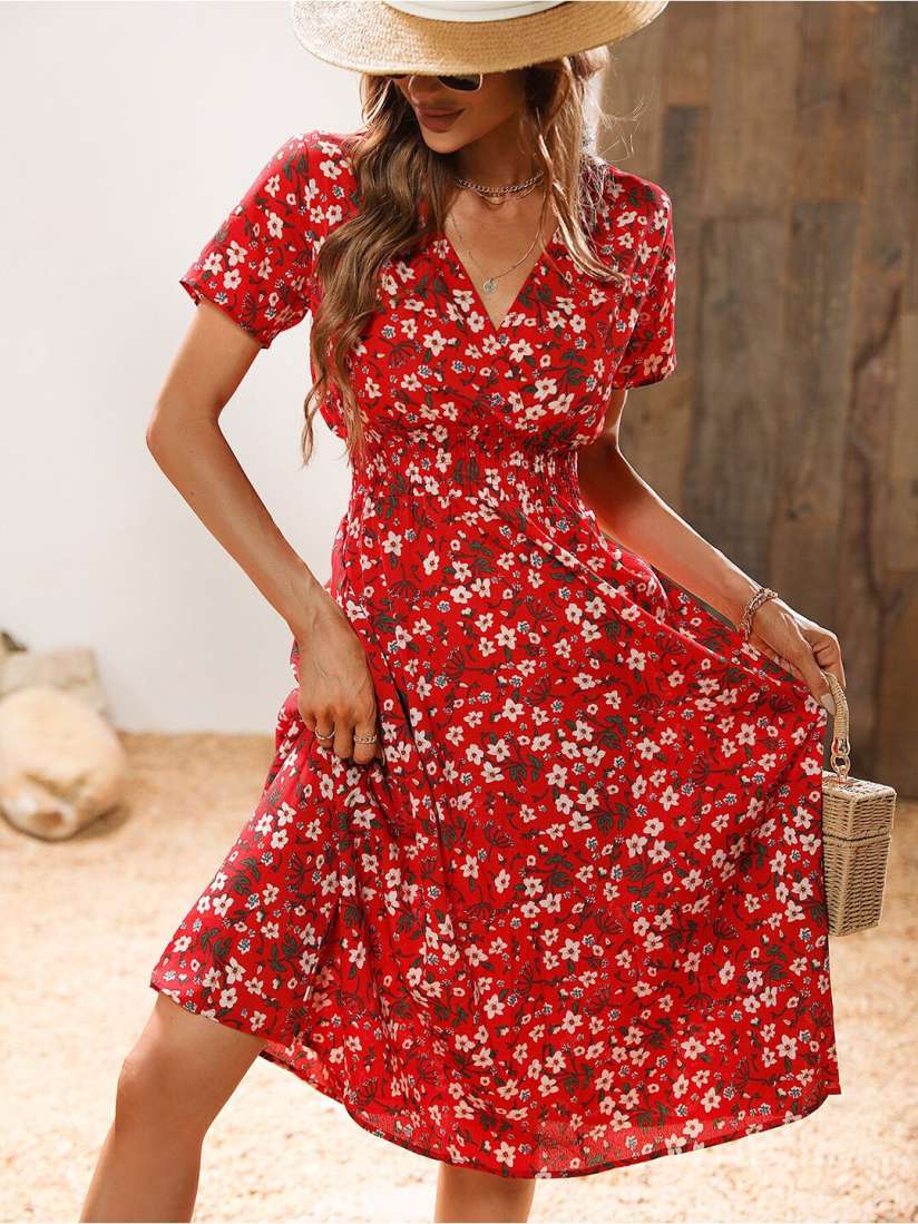 Floral red midi dress hot sale