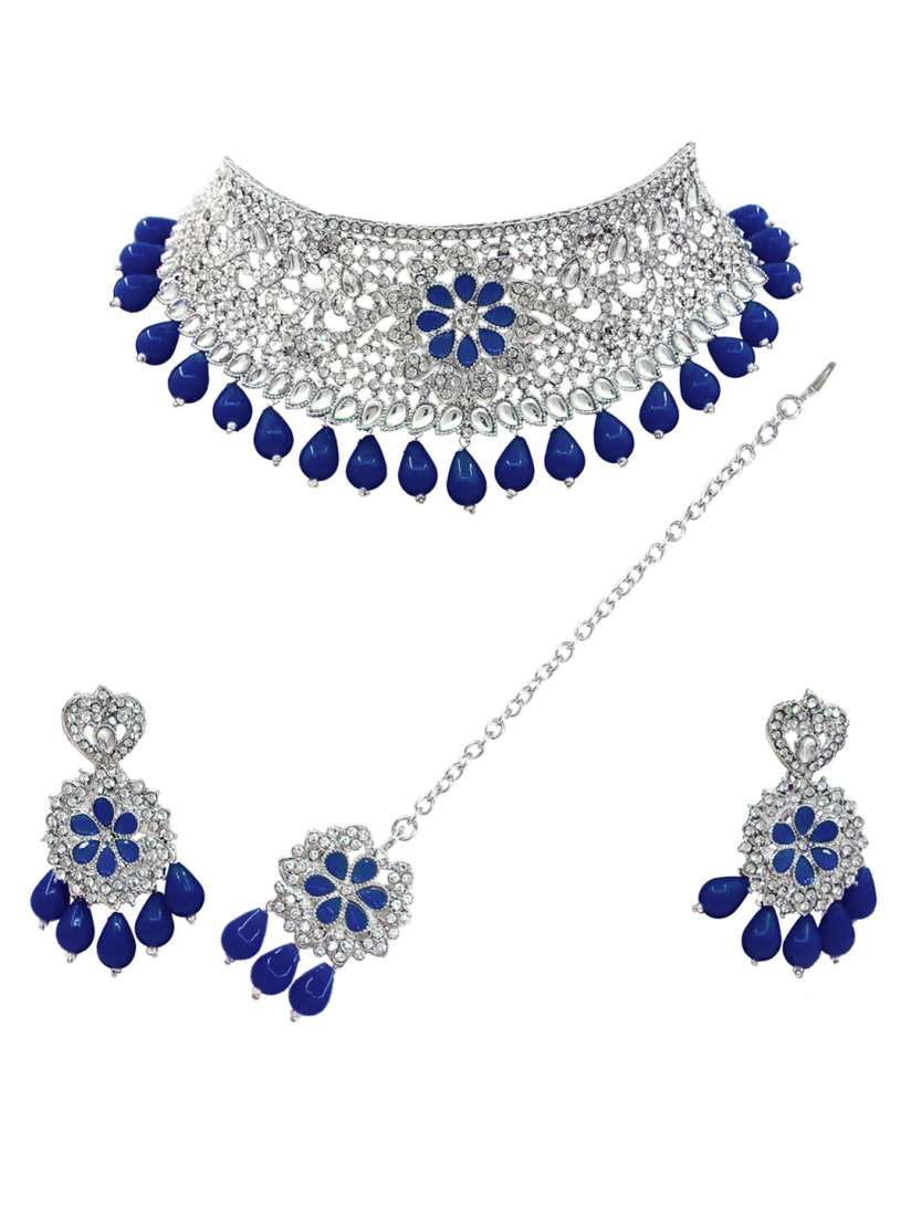 Buy SAIYONI Silver Plated White Blue AD Studded Beaded Jewellery Set Jewellery Set for Women 18455074 Myntra